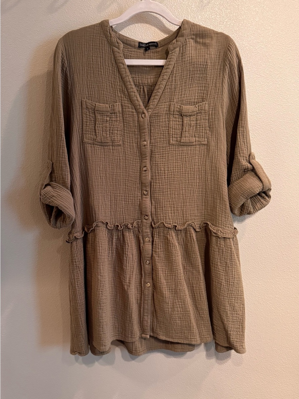 Textured Button-Front Tunic Top - Olive